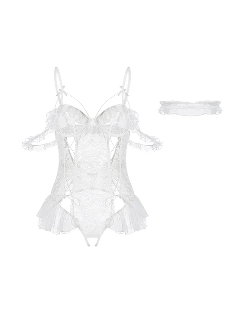 Front Lace-up See-through Lace Dreamy Side Lace Hem Backless Open Crotch Exposed Buttocks Jumpsuit Plus Size Sexy Lingerie Set