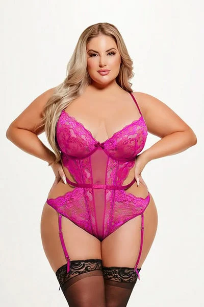 FUCHSIA PURPLE LACE & MESH UNDERWIRE TEDDY