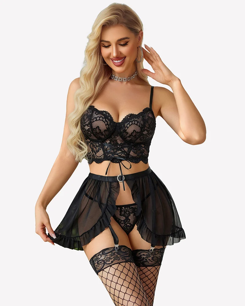 Garter Bralette Open Front Mini Skirt with G-String