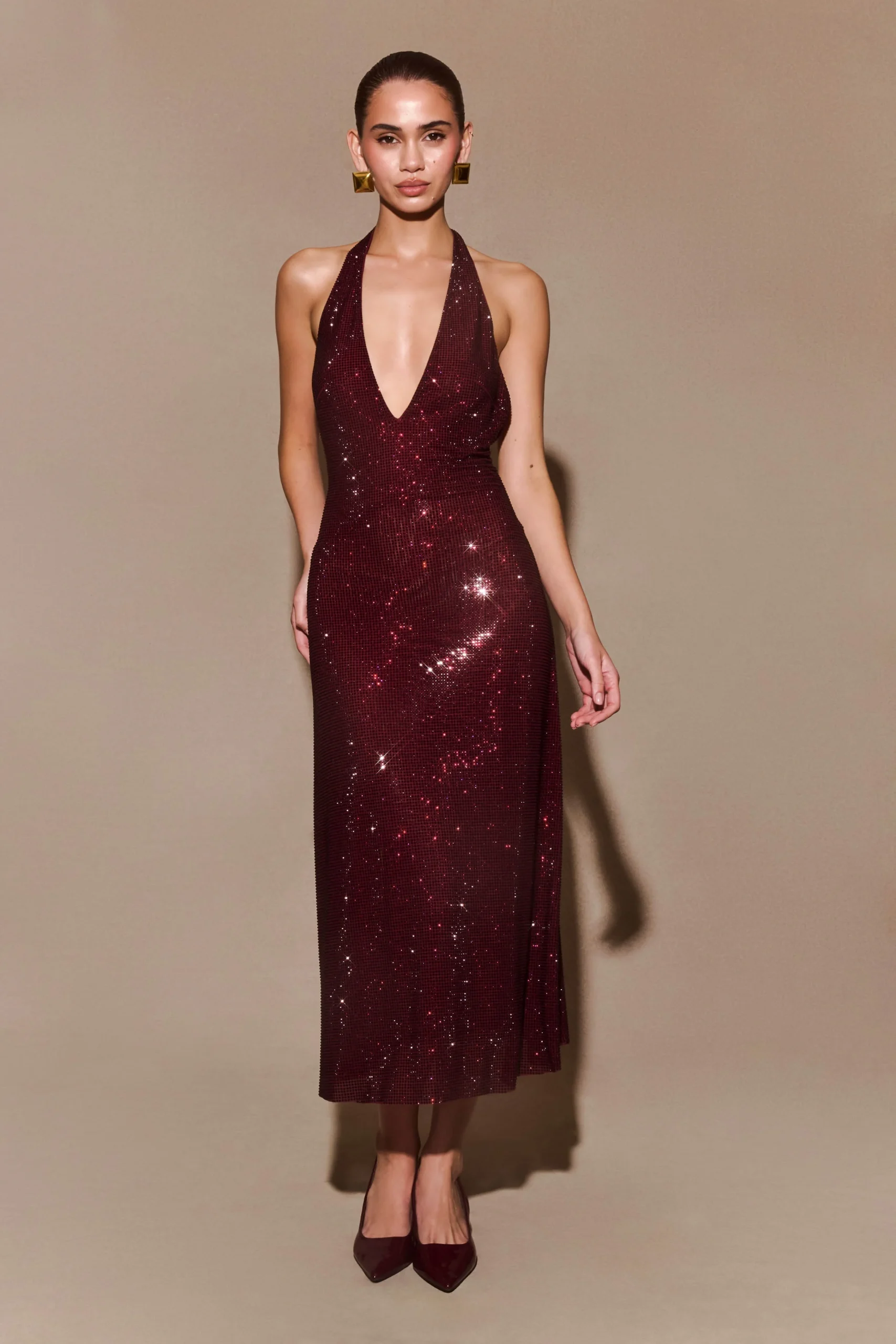 GenieDiamante Halter Midi Dress - Mahogany