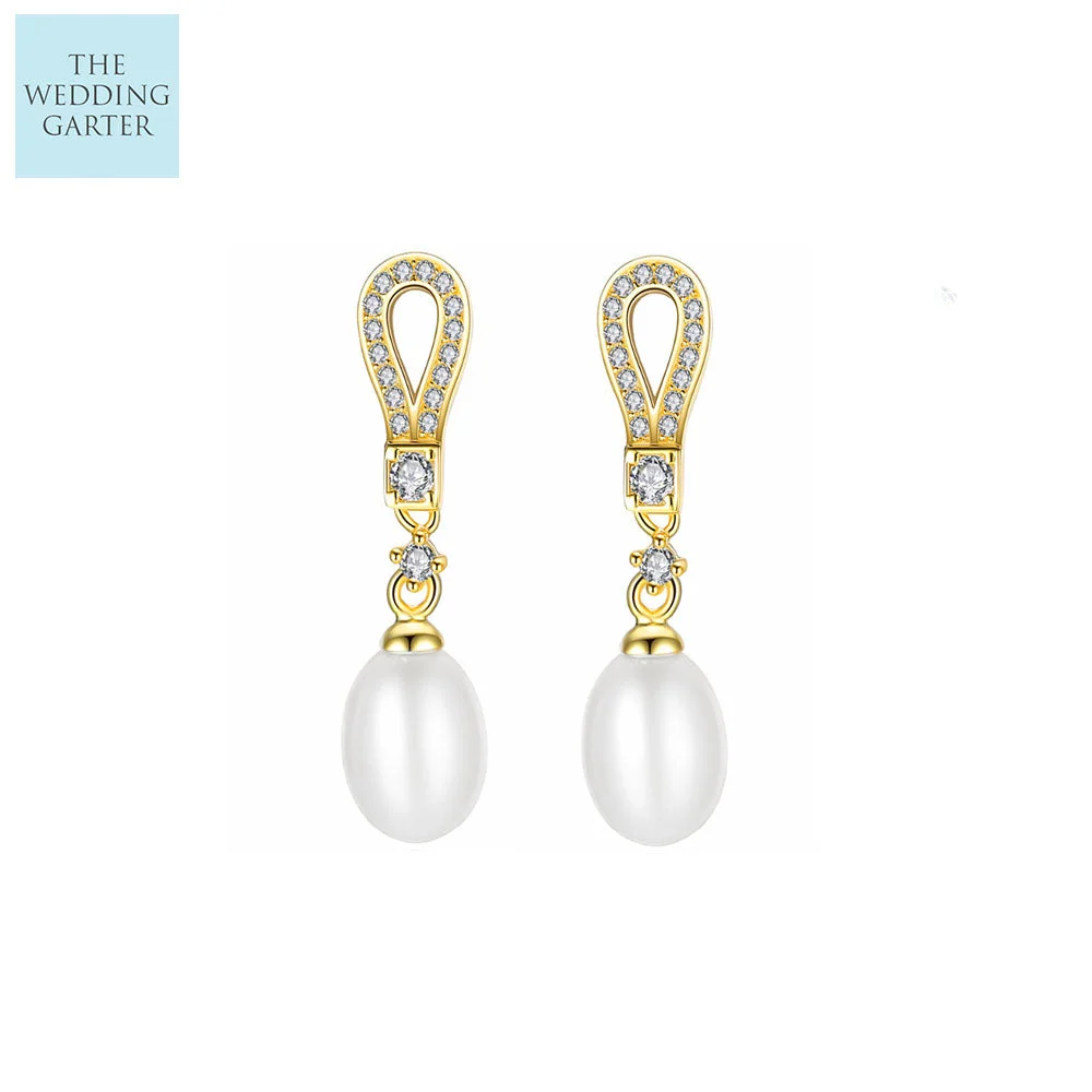Genuine Ivory Pearl Gold Sterling Silver Drop Earrings