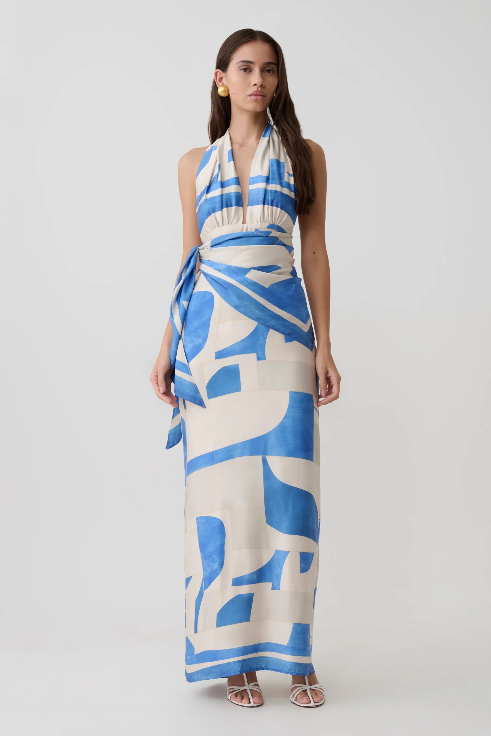 GiannaSatin Halter Maxi Dress - Blue Geo Tile Print