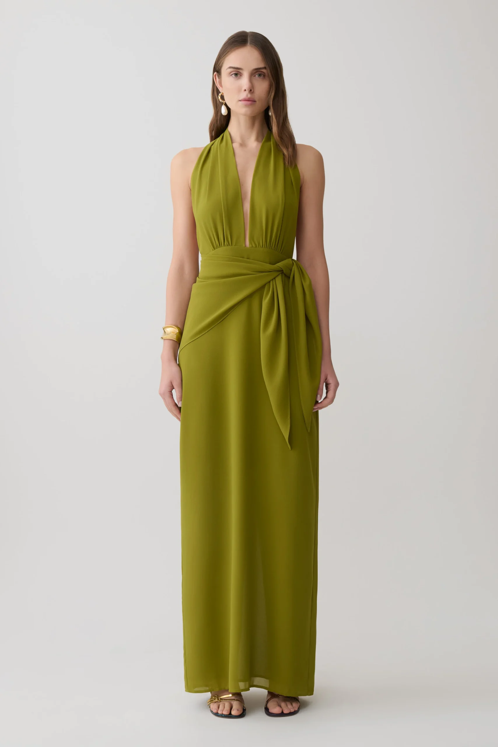 GiannaSatin Halter Maxi Dress - Olive