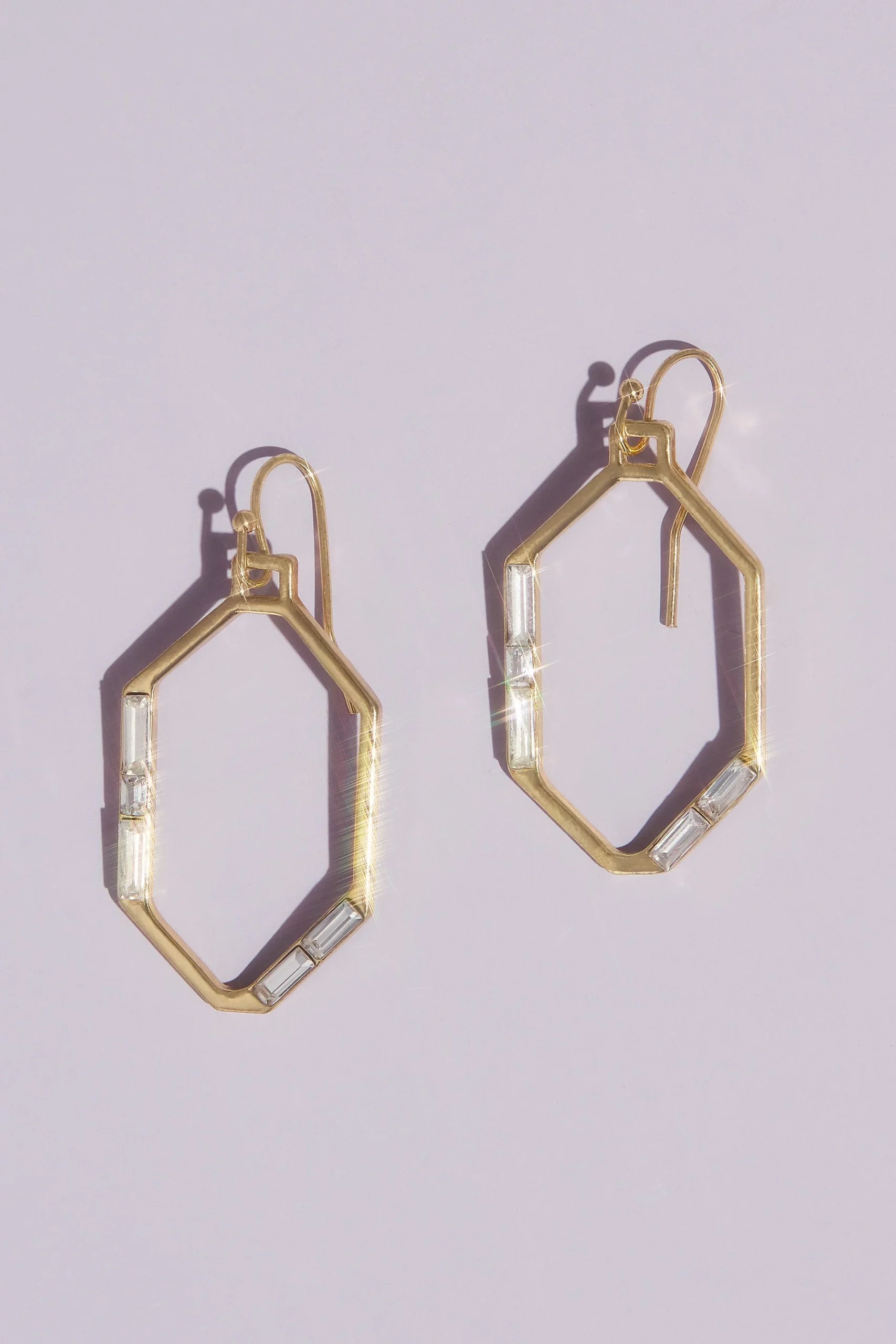 Gilded Hexagon Earrings with Baguette Crystals