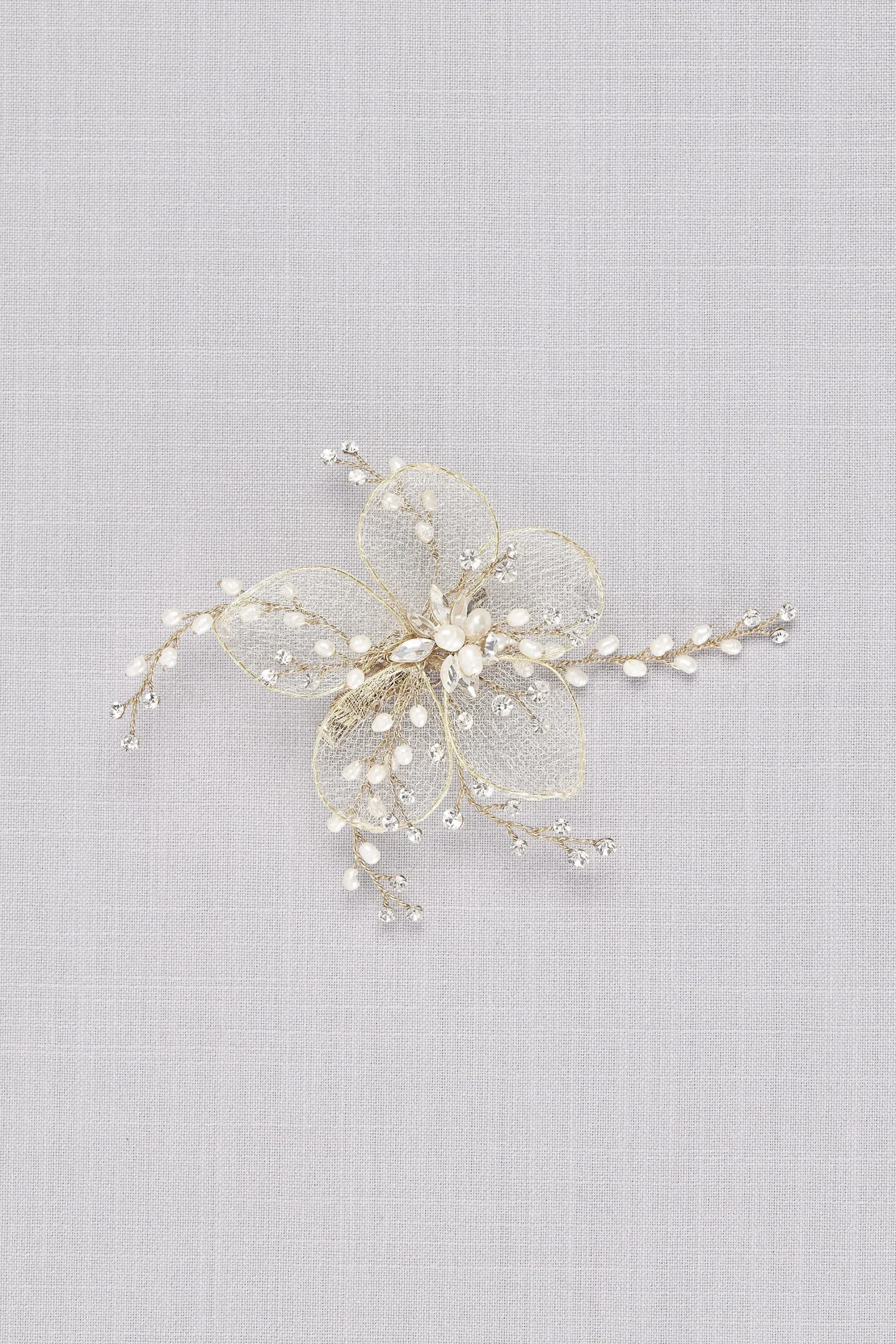 Gilded Mesh Flower Hair Clip with Crystal Sprigs