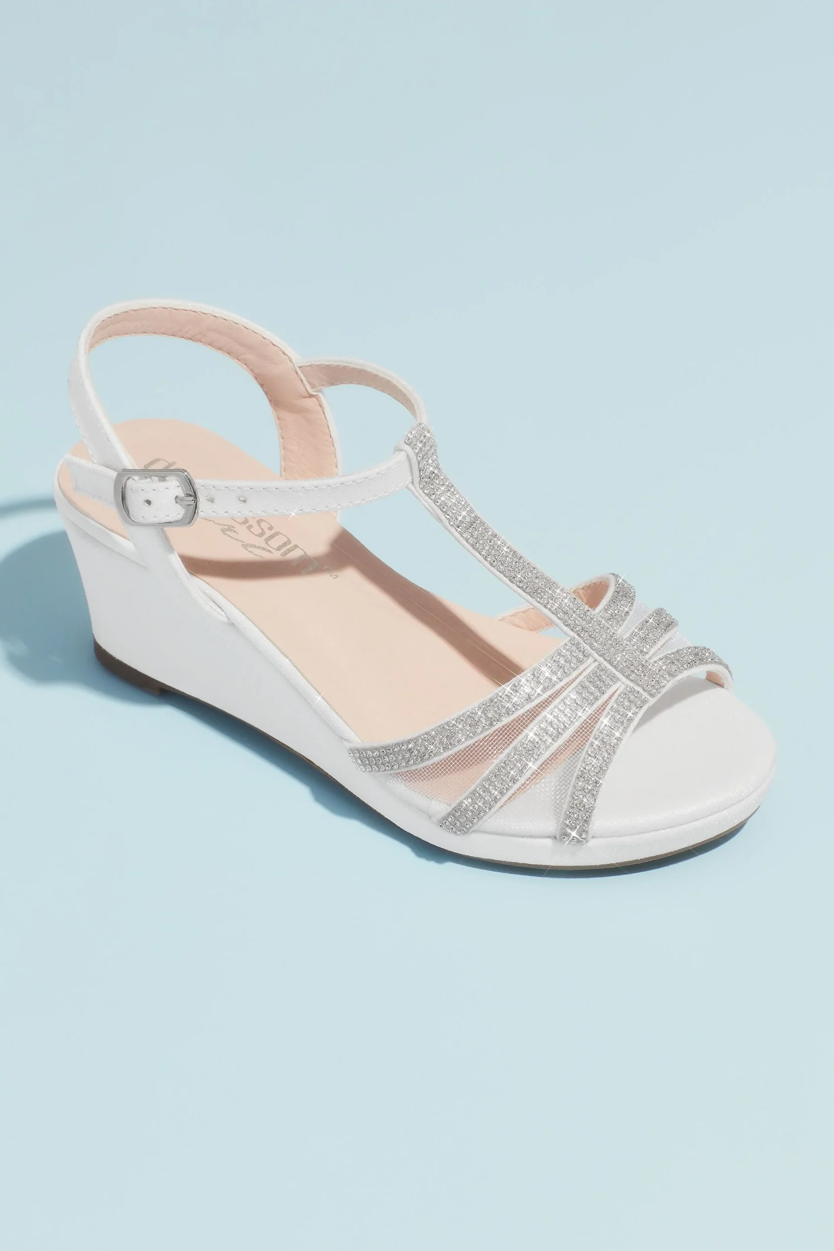 Girls Crystal T-Strap Illusion Mesh Wedge Sandals