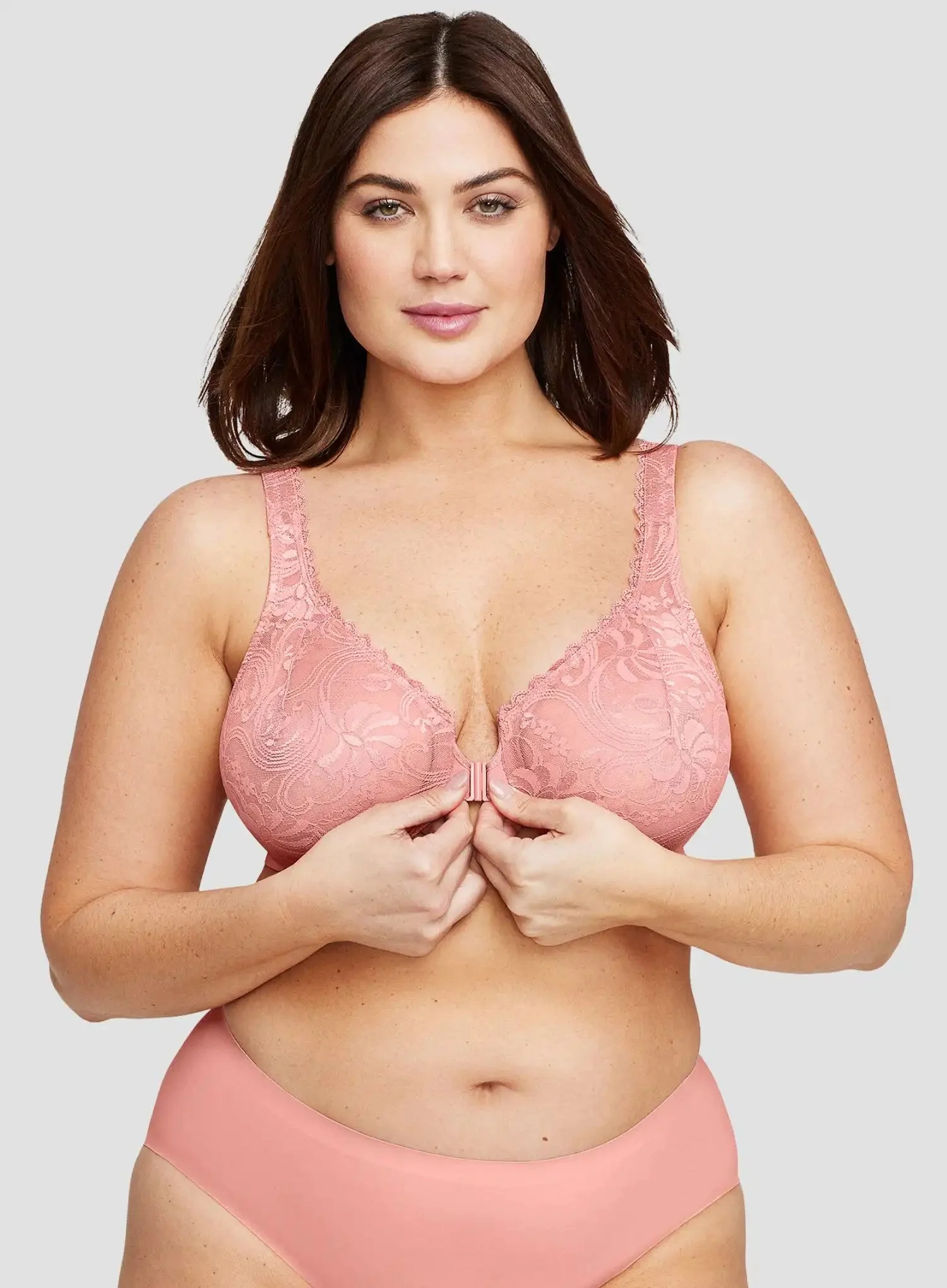 Glamorise: All Over Lace Front Opening Wonderwire Bra Apricot