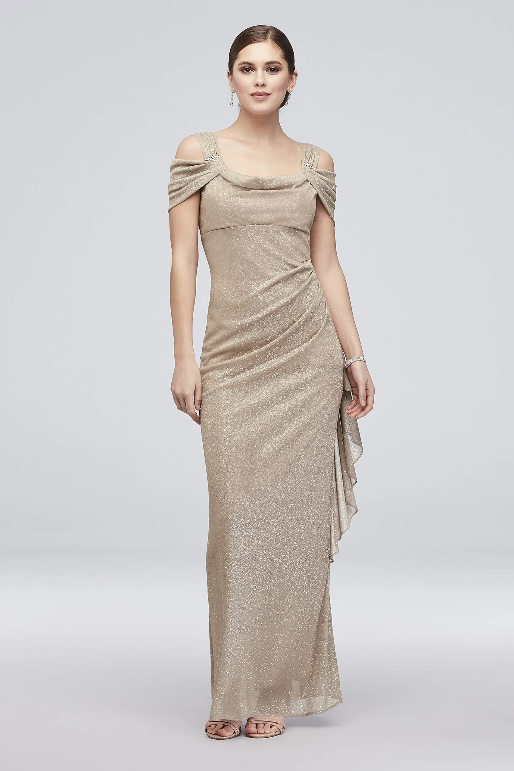 Glitter Chiffon Off-the-Shoulder Cascade Sheath