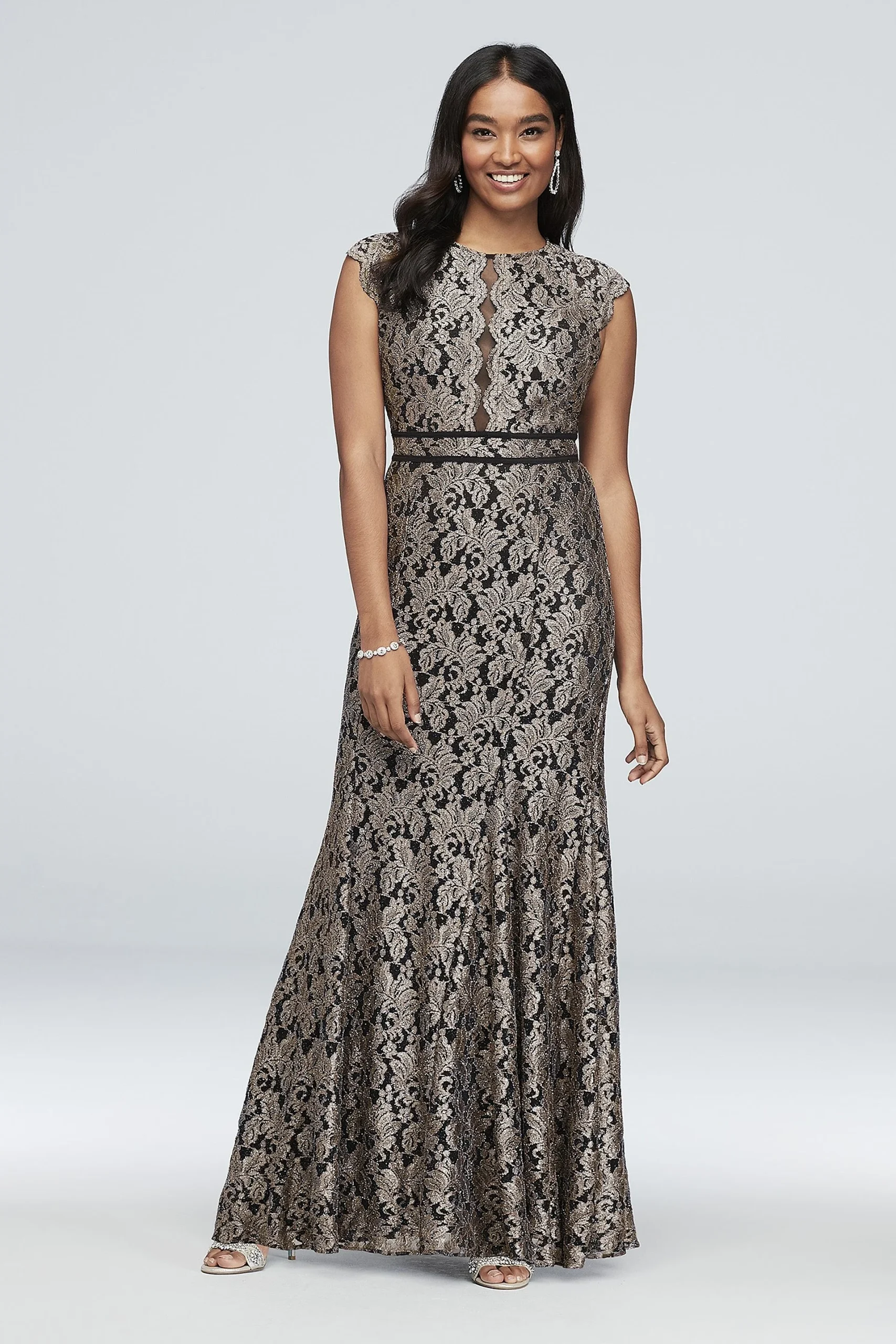 Glitter Lace Cap Sleeve Mermaid Gown