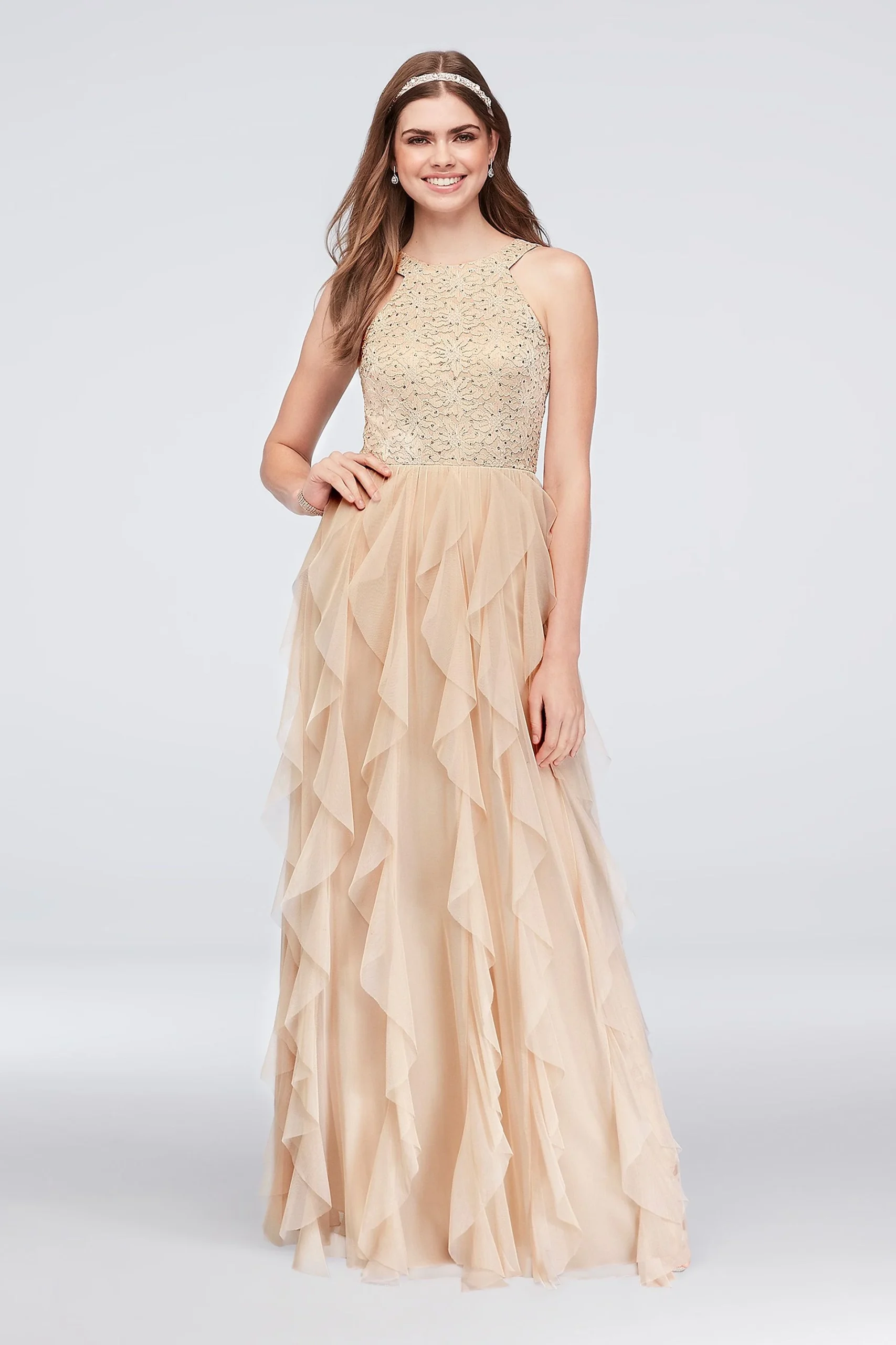 Glitter Lace and Mesh Gown with Cascading Skirt