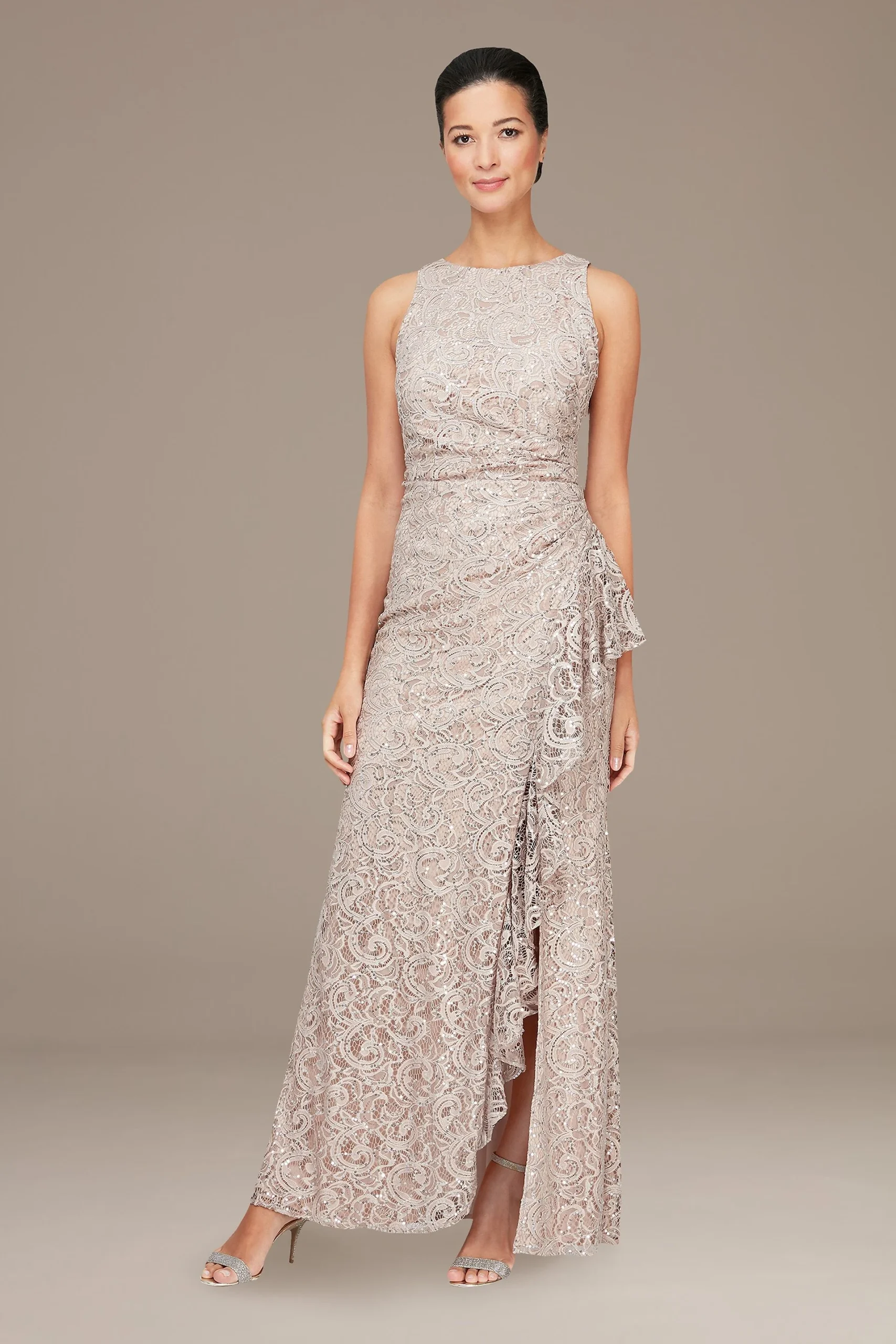 Glitter Lace Sheath Gown with Skirt Slit