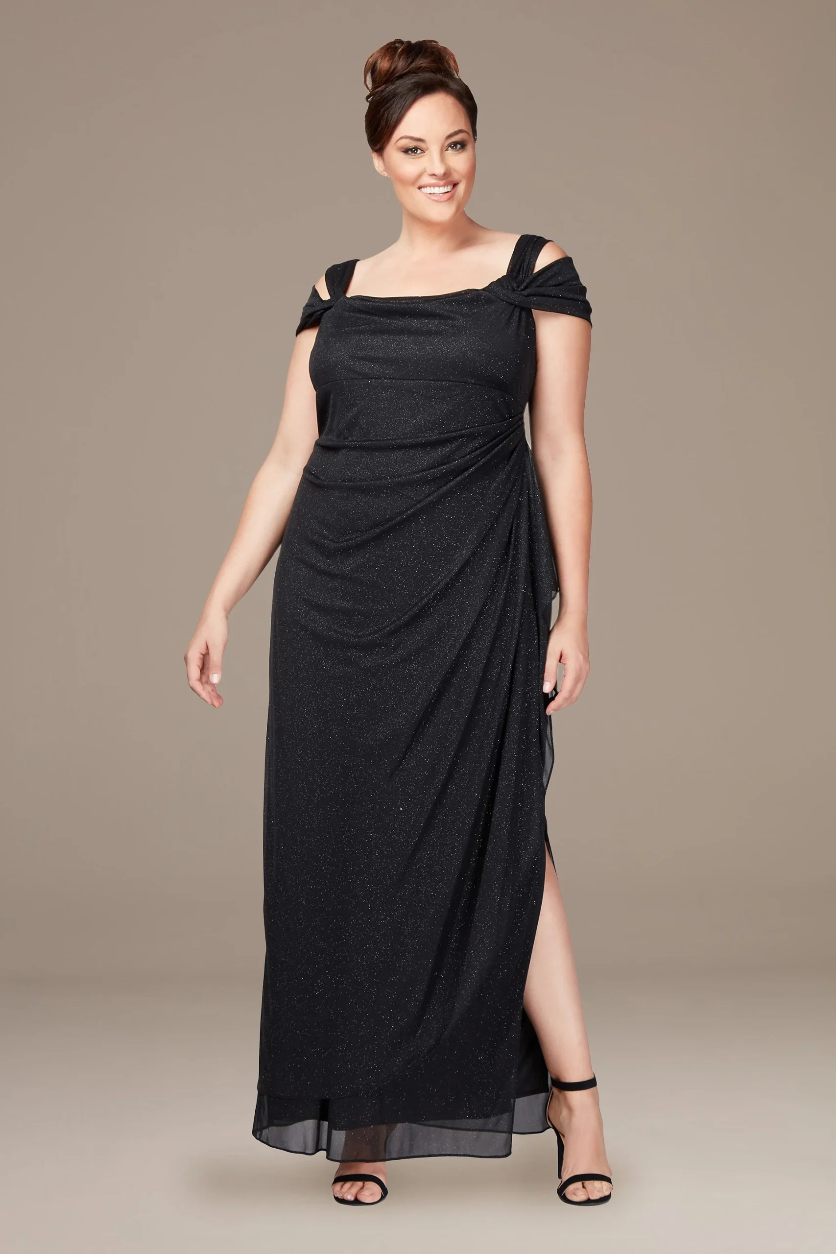 Glitter Mesh Cowlneck Plus Size Dress with Ruching