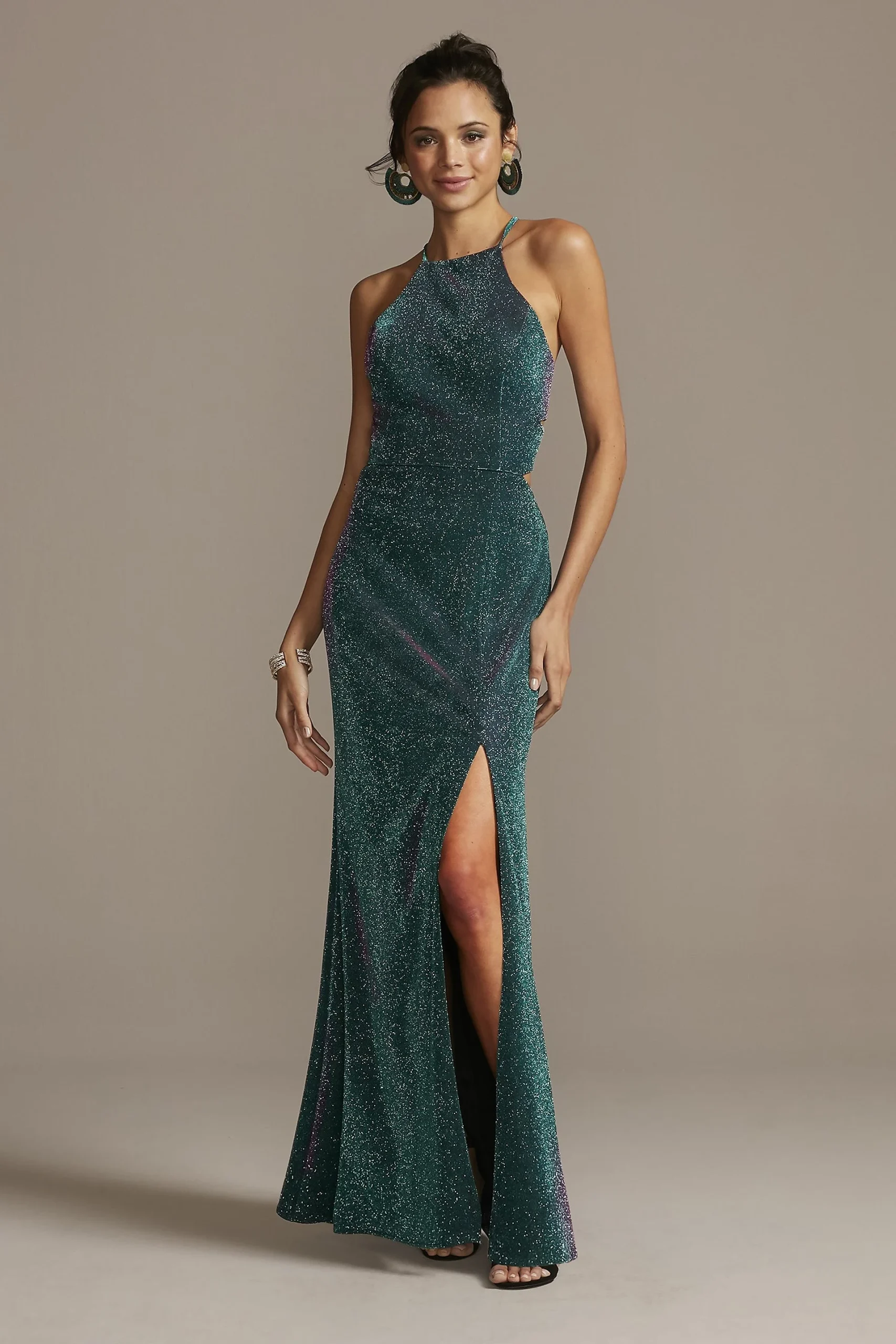 Glittery High Neck Mermaid Gown with Lace-Up Back