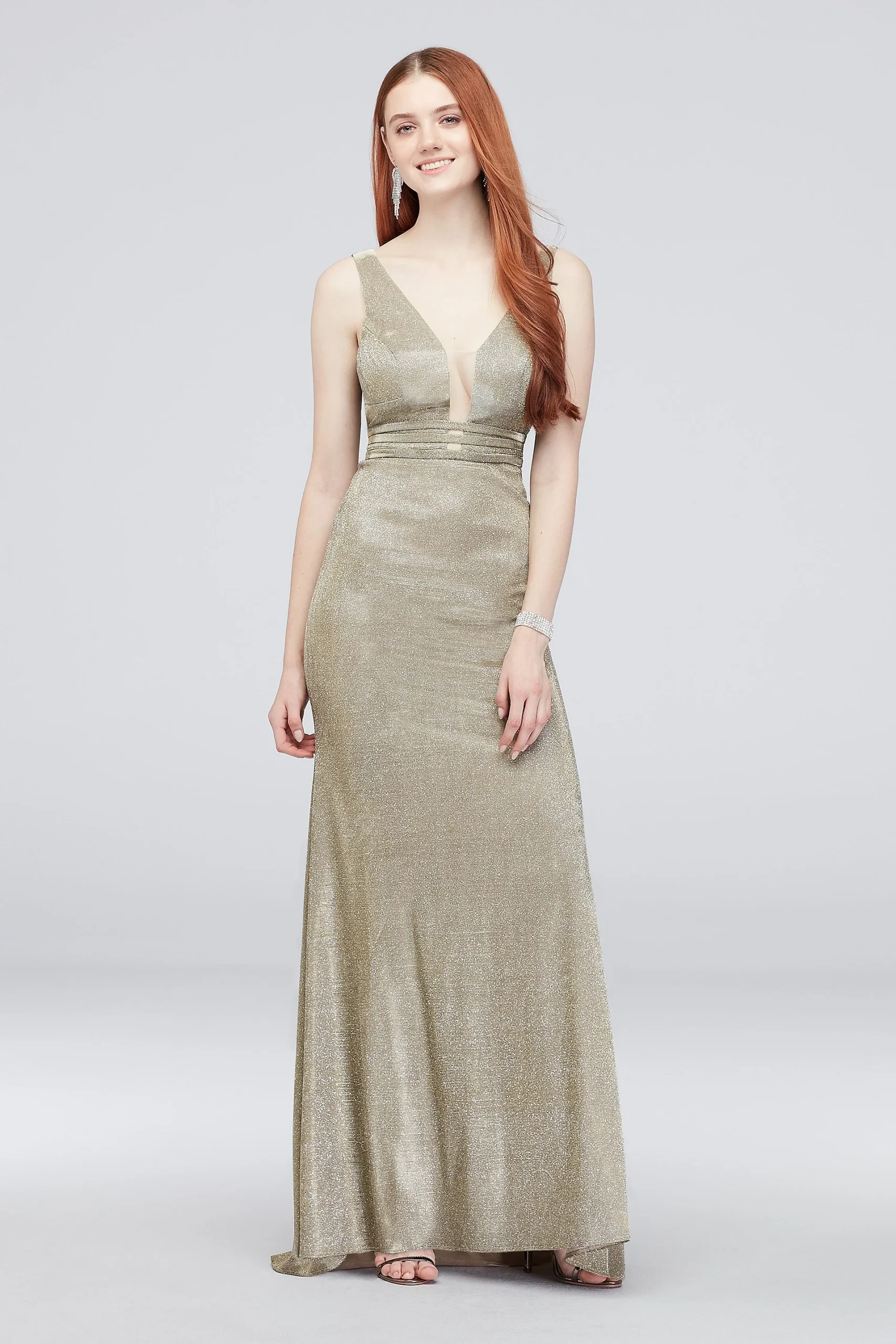 Glittery Metallic Belted Column V-Neck Dress
