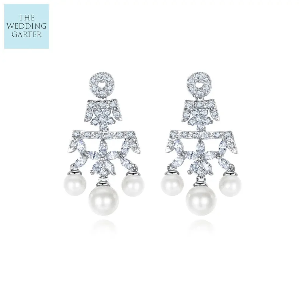 Glorious Pearl & CZ Diamond Chandelier Wedding Earrings