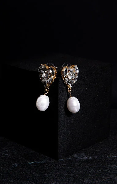 Gold Diamante Heart & Pearl Earrings - Pamela