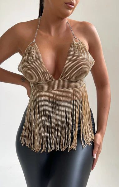 Gold Halter Neck Open Back Chain Mail Tassel Top - Dani
