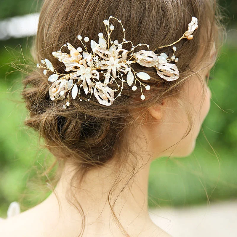 Gold Handpainted Bridal Hair Comb With Pearls