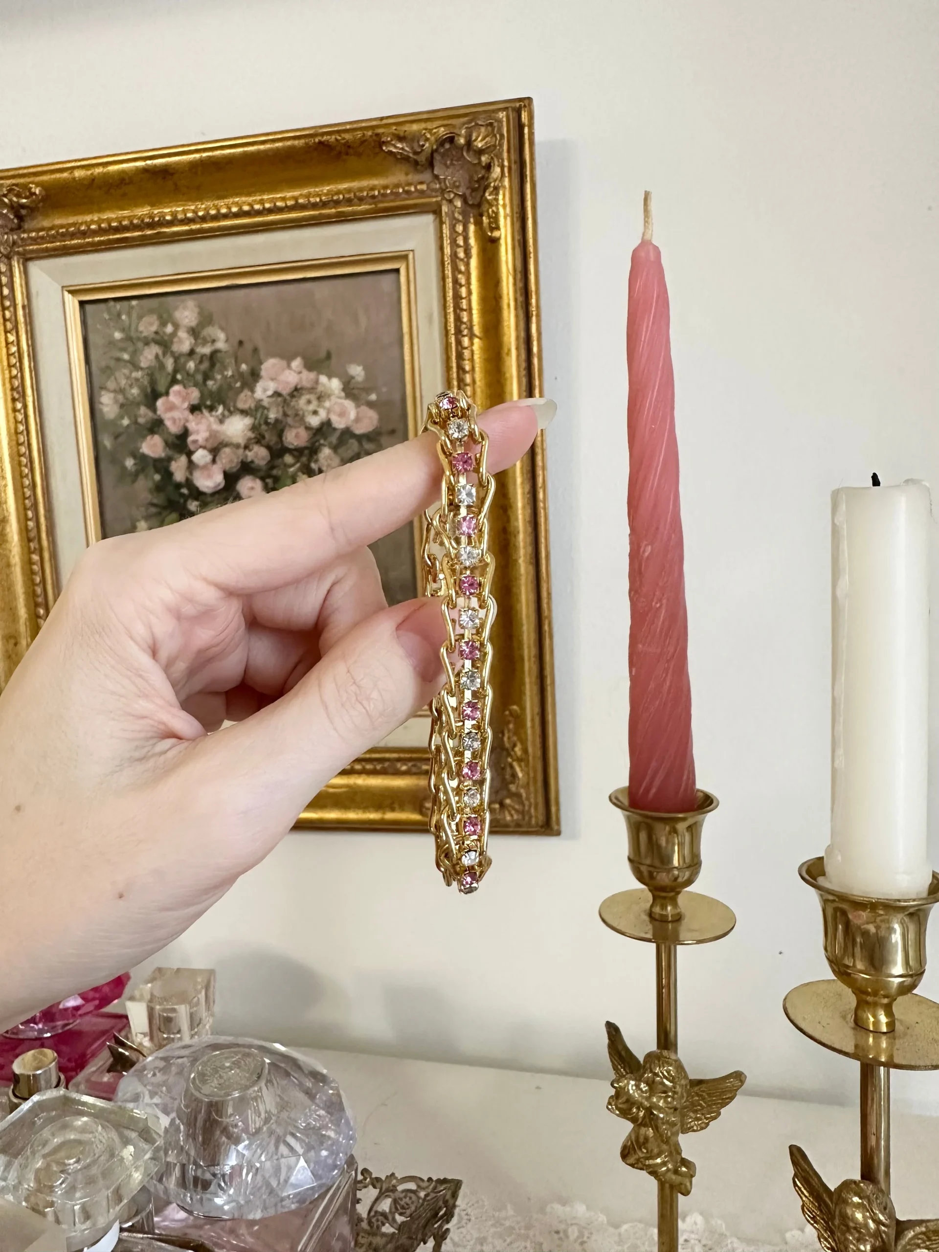 Gold Tone Pink Rhinestone Bracelet