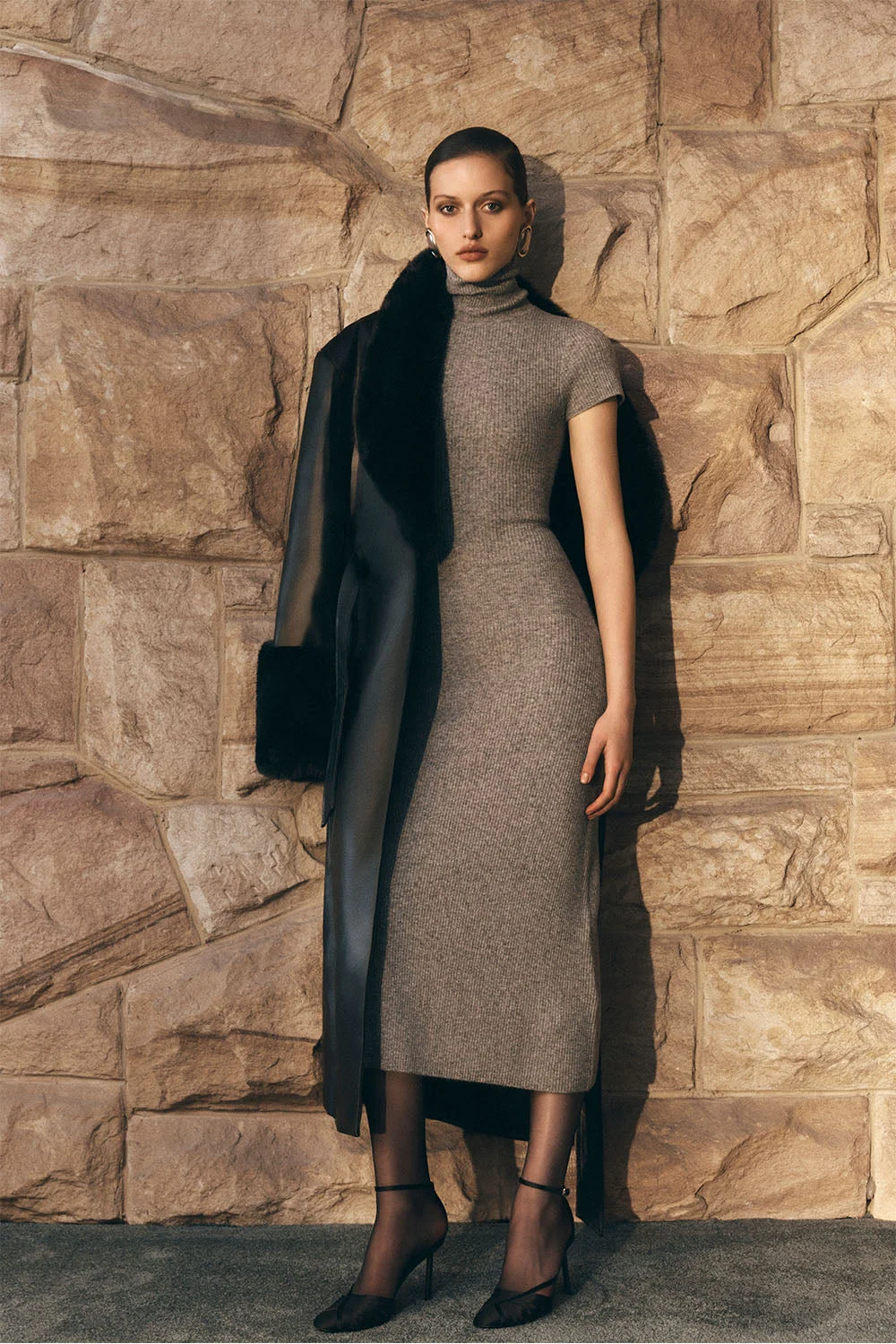 GoldieHigh Neck Knit Midi Dress - Grey Marle