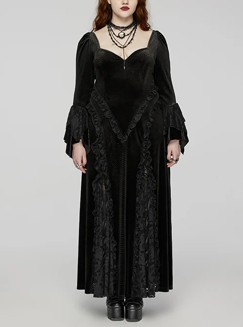 Gorgeous Black Embossed Velvet With Lace Bat Collar And Adjustable Back Tie Gothic Style Trumpet Sleeve Dress