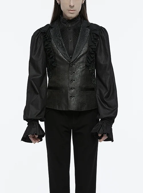 Gorgeous Black Jacquard Woven Front Panel With Three Dimensional Lotus Leaf Shape And Exquisite Carved Hand Sewn Button Design Gothic Style Vest