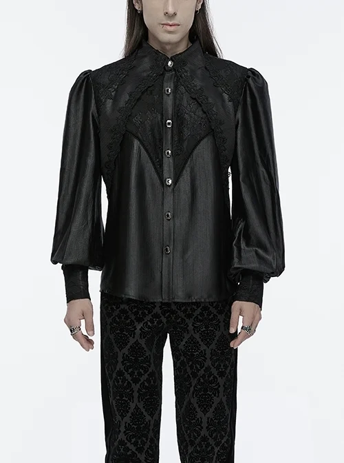 Gorgeous Black Layered Glossy Woven Front Panel Lace Decoration Gothic Style Puff Sleeve Shirt