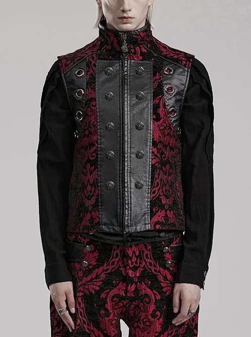 Gorgeous Black And Red Non Stretch Jacquard Woven Spliced And Taped Handsome Stand Up Collar And Side Metal Ring Decorated Gothic Style Men's Vest