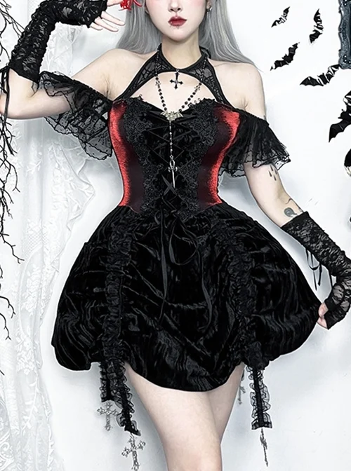 Gorgeous Black And Red Velvet Fabric With Lace Cross-Strap Decoration In The Front And Cross Pendant Gothic Style Sleeveless Halter Dress