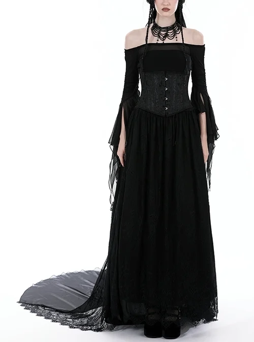 Gorgeous Black Ruffled Lace Print Gothic Palace Train Long Skirt