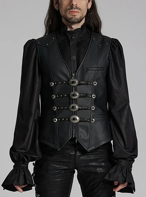 Gorgeous Black Three Dimensional Imitation Leather Shoulder V-Shaped Split Front Double Button Metal Buckle With Rivet Decoration Gothic Style Retro Vest
