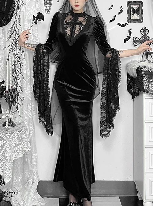 Gorgeous Black Velvet Front Cross Slightly Transparent Lace Design Gothic Style Dark Long Sleeve Dress