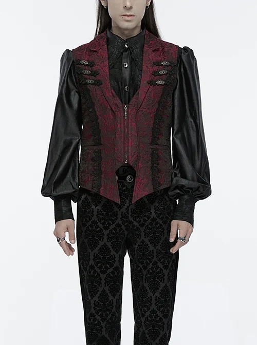 Gorgeous Red Rose Pattern Woven Side Exquisite Buckle Decoration Gothic Style Men's Lapel Vest