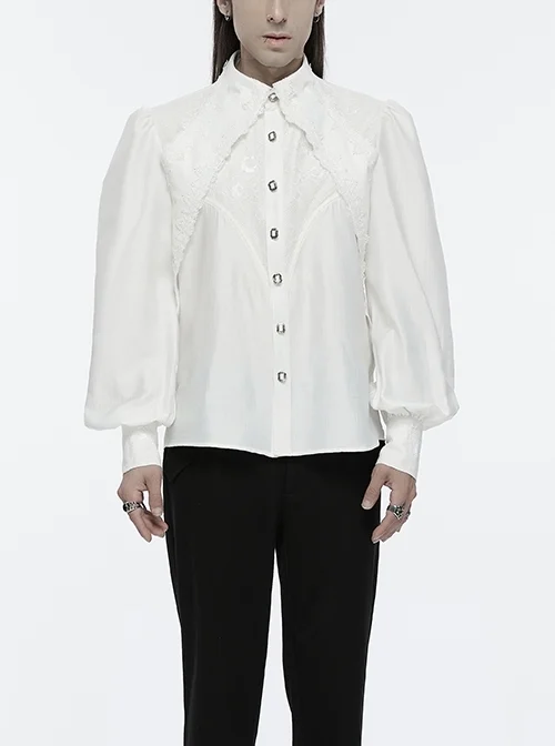 Gorgeous White Layered Glossy Woven Front Panel Lace Decoration Gothic Style Puff Sleeve Shirt