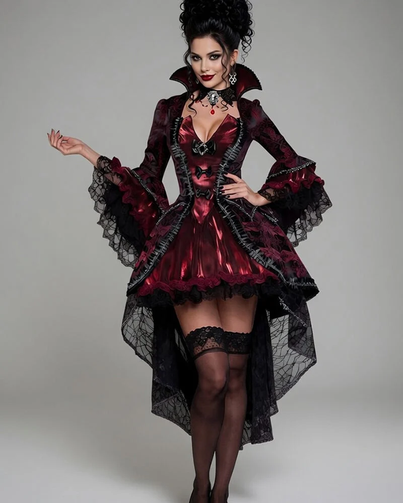 Gothic Vampire Dress with Stand Collar - Victorian Corset Maxi Dress