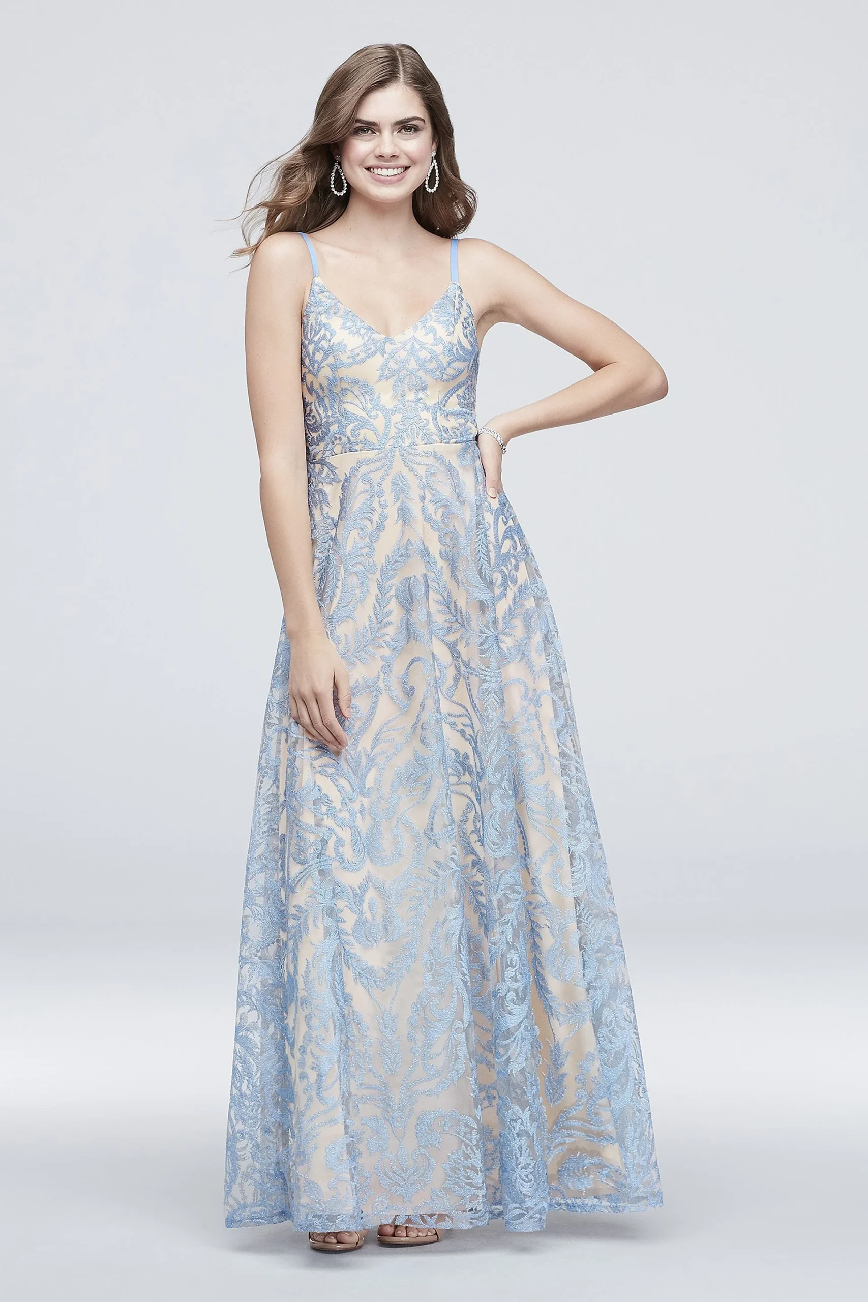 Gown with Skinny Straps and Metallic Lace Overlay