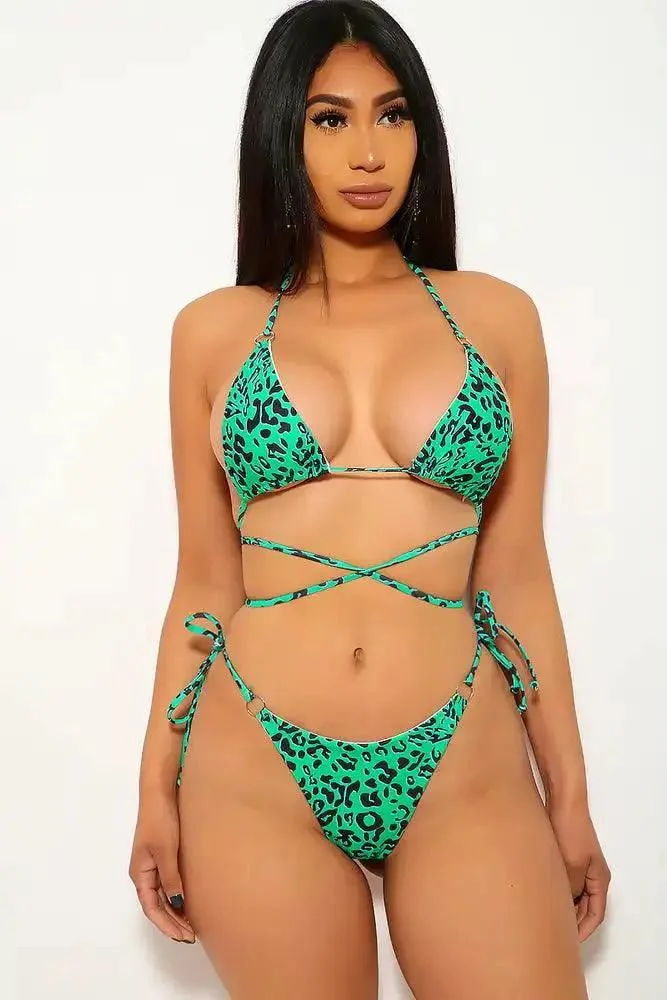 Green Leopard O-Ring Strappy Two Piece Swimsuit