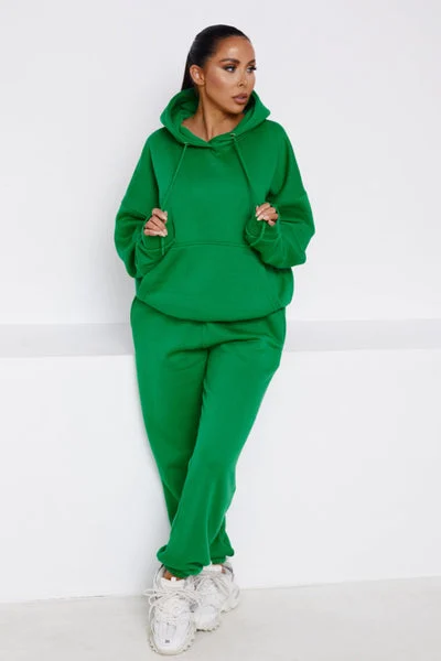 Green Oversized Front Pocket Pullover Hoodie Cuffed Joggers Loungewear Set - Alexia