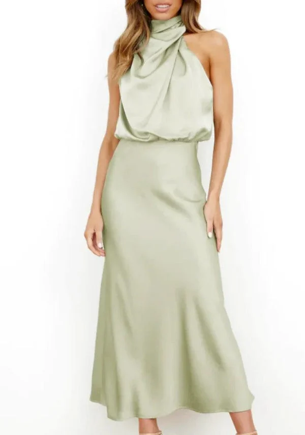 Green Satin drape Asymmetric Strap Midi Dress