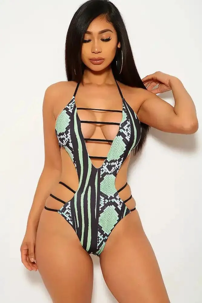 Green Scales Black Strappy Monokini