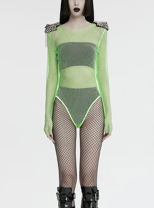 Green Sexy Diamond Perspective Mesh Shoulders With Rhinestone Spike Rivets Decorated Punk Style Bodysuit