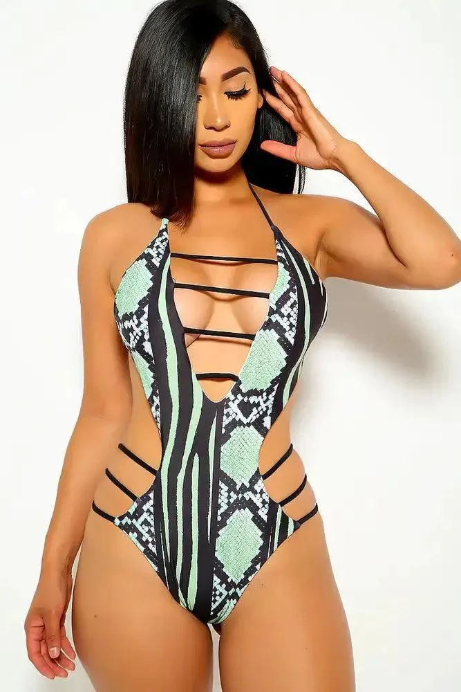 Green Snake Print Strappy Monokini
