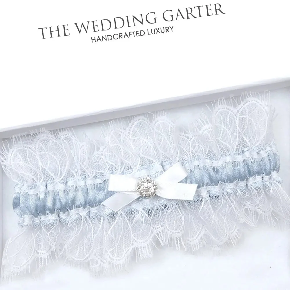 Greta White & Blue Satin Bridal Garter