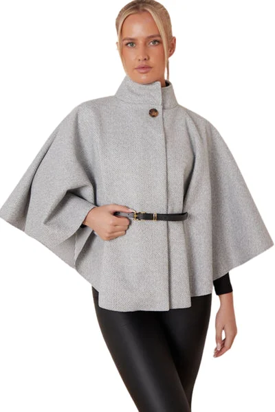 Grey Belted High Neck Cape Coat - Vivienne