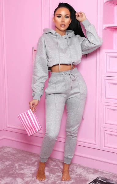 Grey Boxy Cropped Hoodie Cuffed Joggers Loungewear Set - Cailleigh