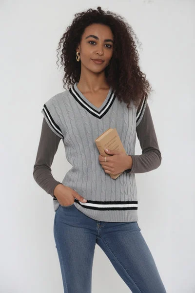 Grey Cable Knit V Neck With Blue Stripe Jumper- Casoil