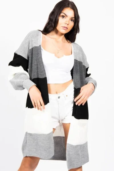 Grey Colour Block Longline Cardigan - Serenzia