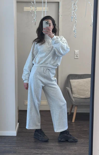 Grey Contrast Striped Stand Collar Sweatshirt With Wide Leg Trouser - Elara