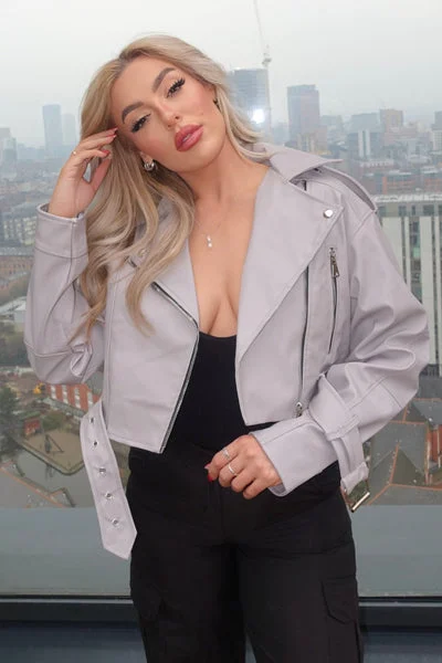 Grey Faux Leather Cropped Belted Biker Jacket - Kiera