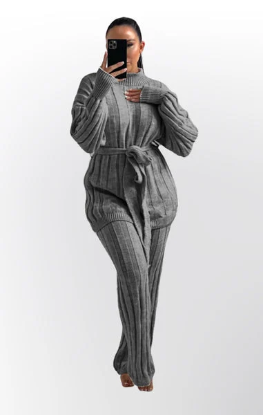 Grey High Neck Belted Knit Loungewear Set - Alliyah